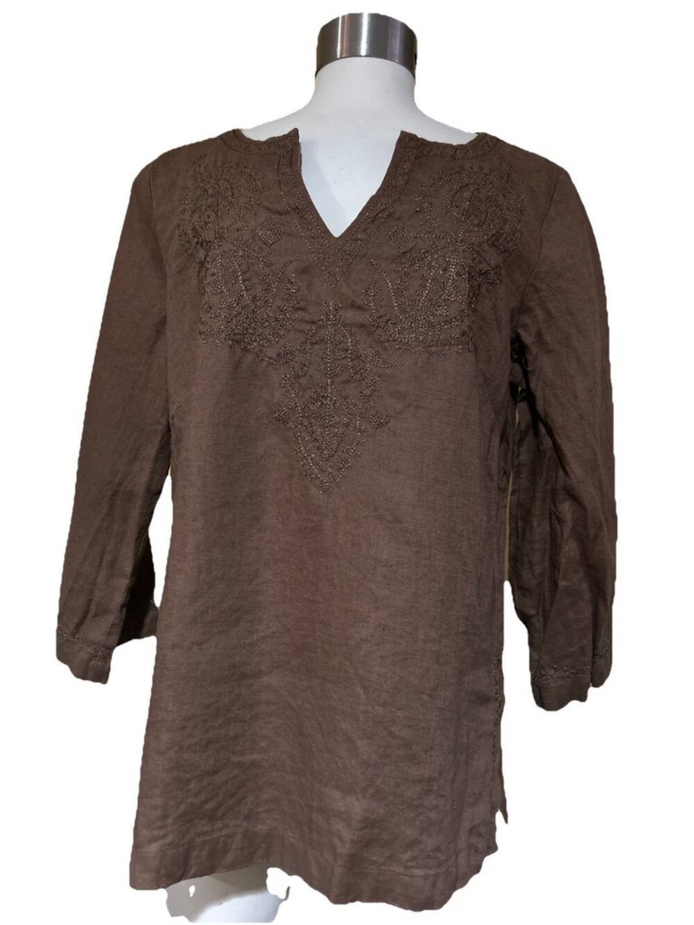 Nikki Valenti Top Womens 14 Brown Embroidered Irish Linen 3/4 Sleeve Boho Beach